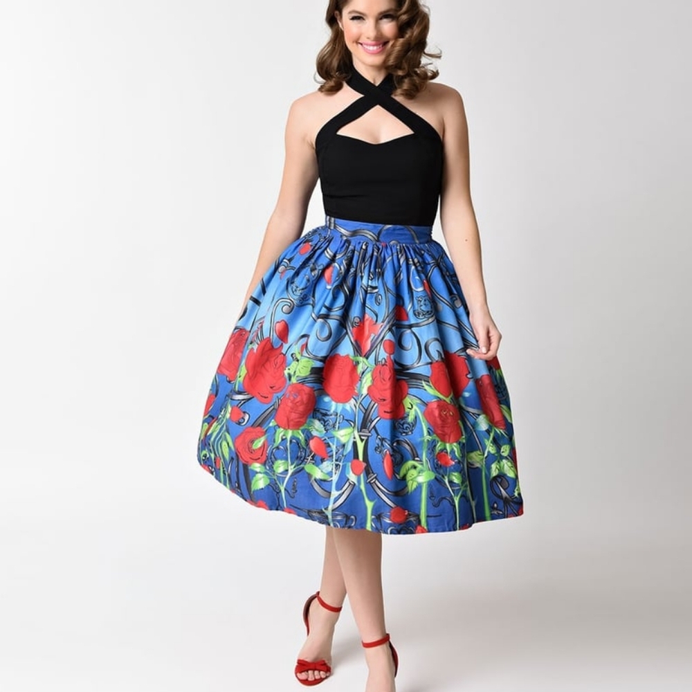 Unique Vintage Blue & Red Rose It's a Beauty High Waist Swing Skirt size Medium